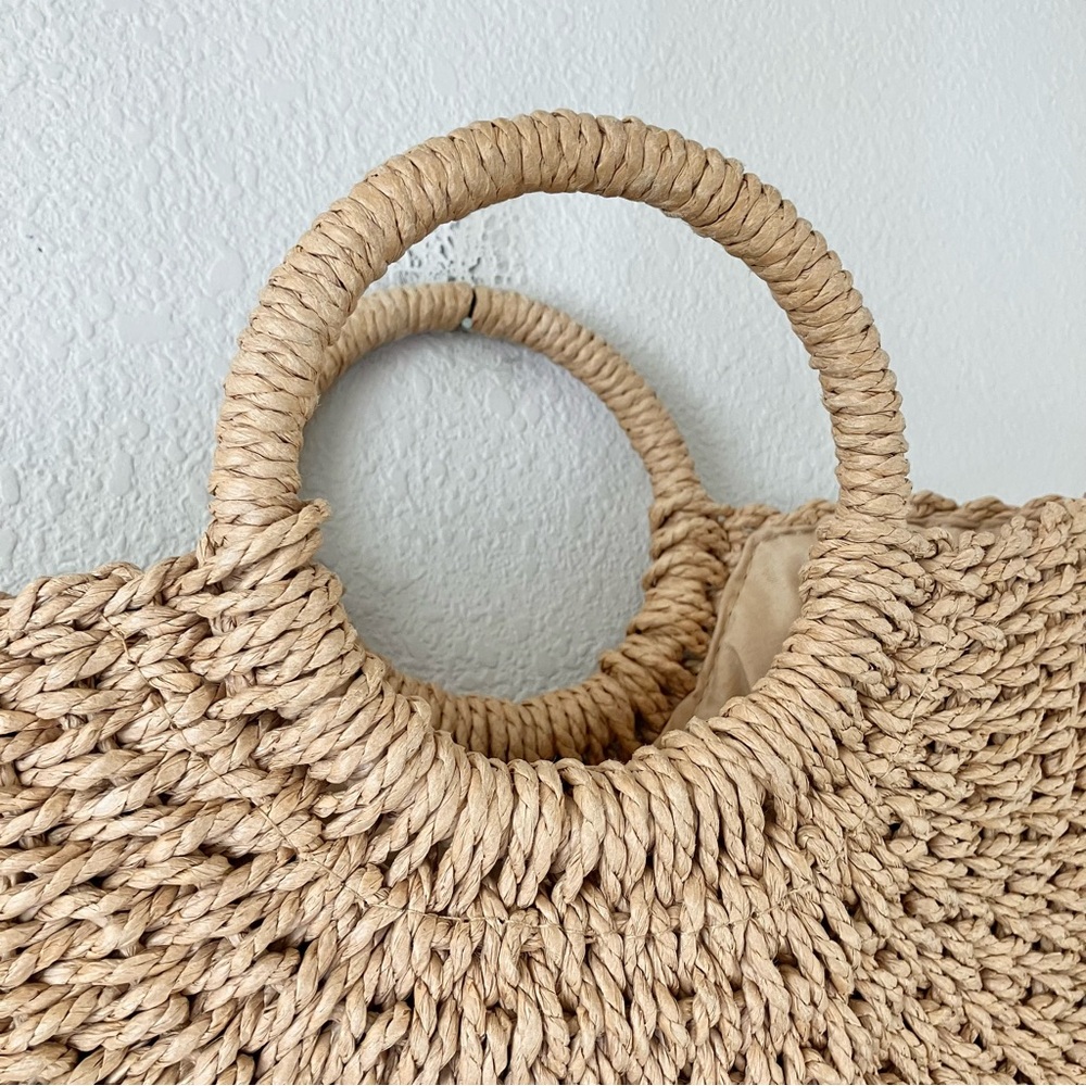 Straw Tote Beach Bag Half Moon Handbag Drawstring Lined Resort Chic Boho Tan - Picture 5 of 6